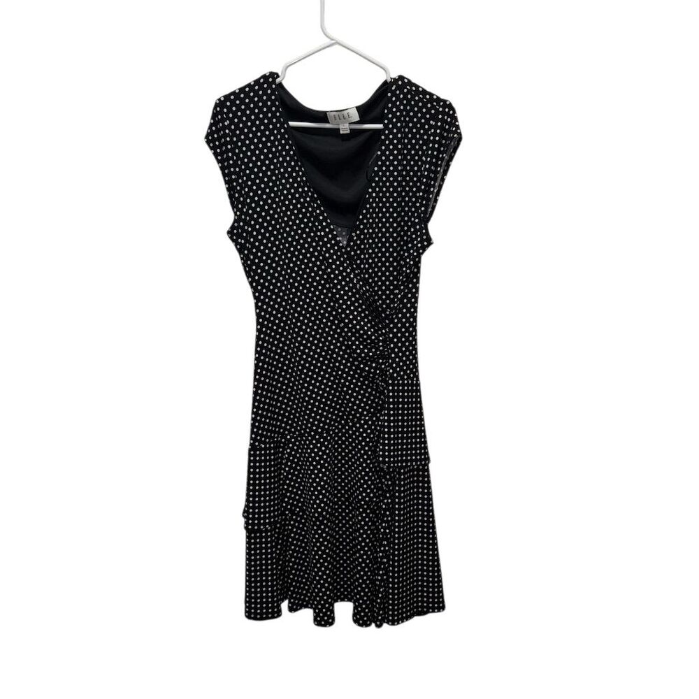 Elle Womens‎ Black White Polka Dot Faux Wrap Tiered Ruffle Dress Large